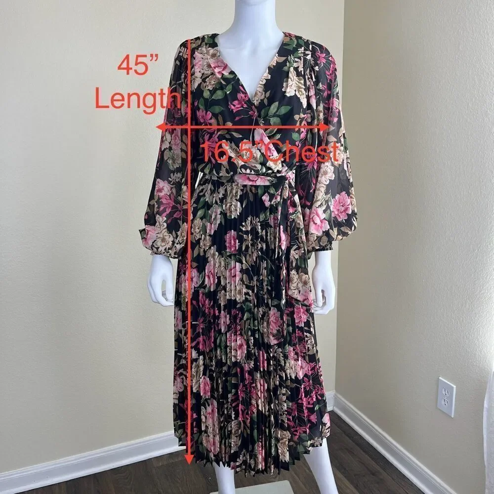 Baltic Born Women's Size S Laurie Black Floral Midi NEW Pleated Dress Cottage